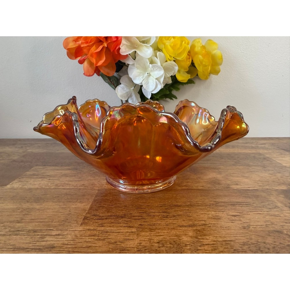 Vintage Marigold Carnival Glass Ruffled Bowl Iridescent Starburst Fall Decor